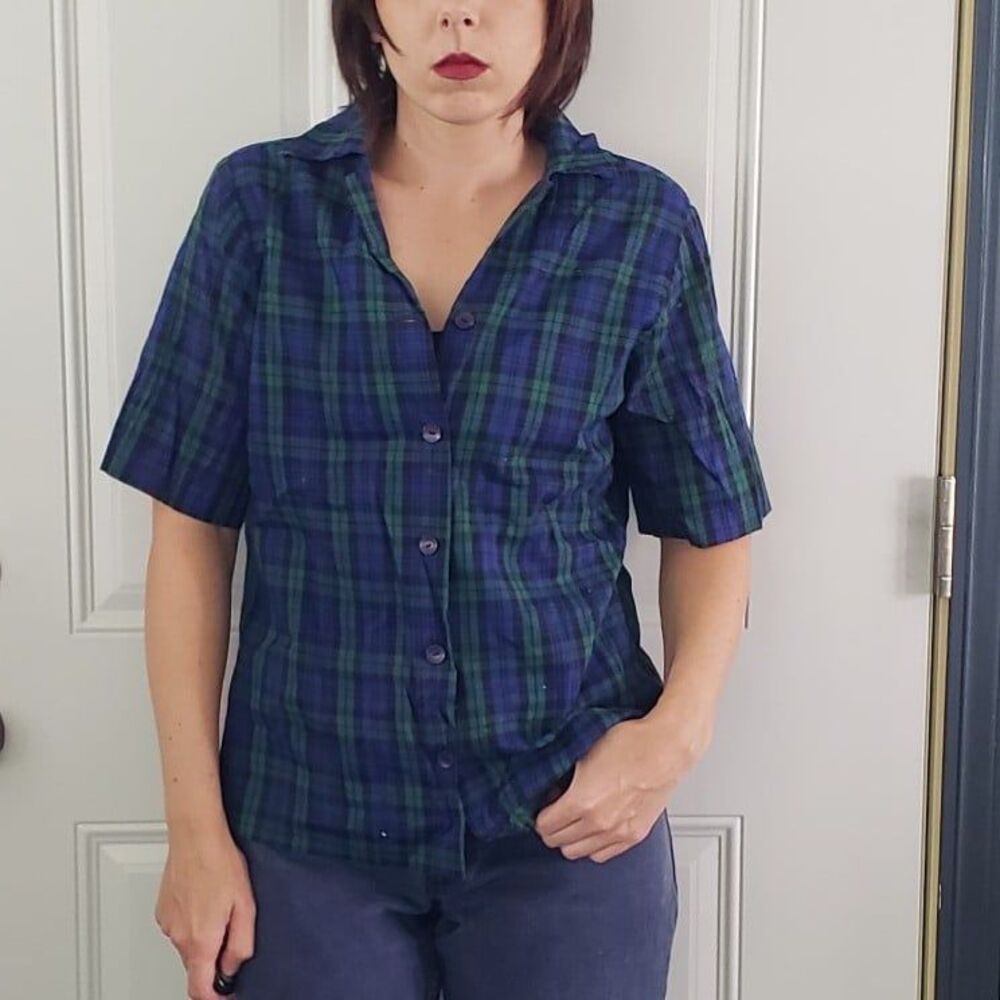 80s(?) Handmade Blue and Green Plaid Short Sleeve Button Down